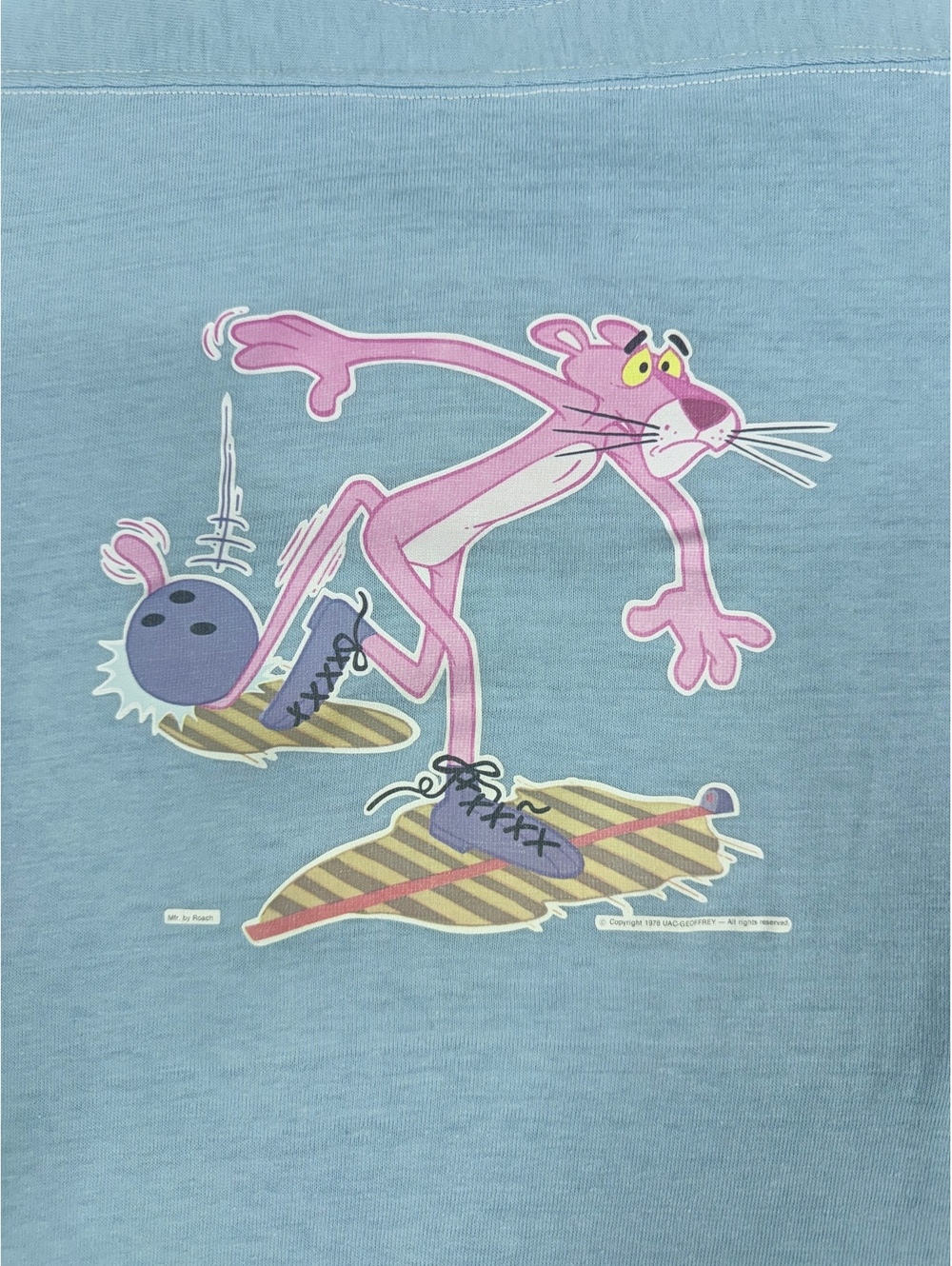 Vintage 1978 Pink Panther Bowling Graphic Light Blue T-Shirt by Roach